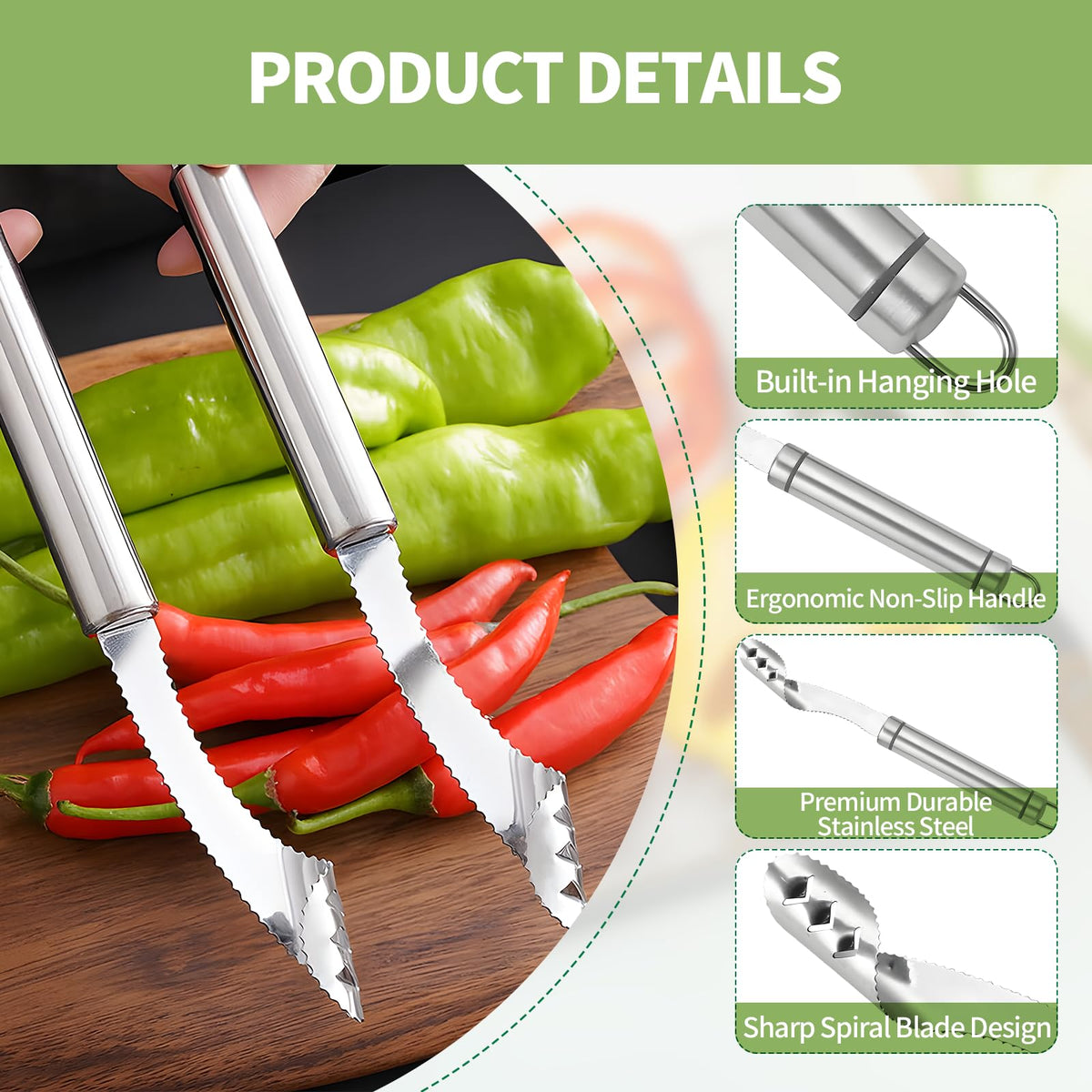 2-in-1 Jalapeño Pepper Corer and Seed Remover, Stainless Steel Chili Coring Tool, 2-Pack