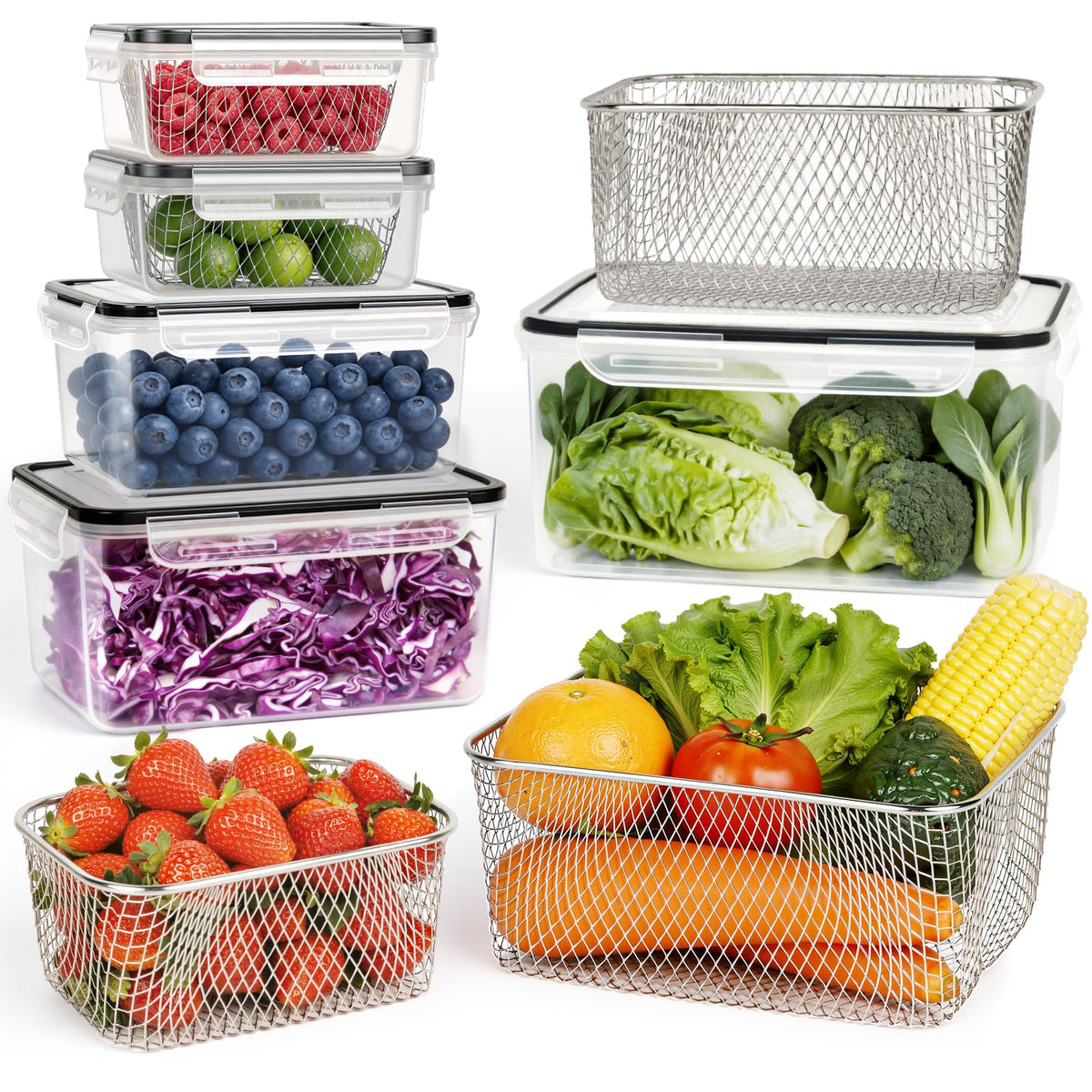 5-Pack Stackable Refrigerator Storage Containers with Removable Colanders, BPA-Free Food Organizers