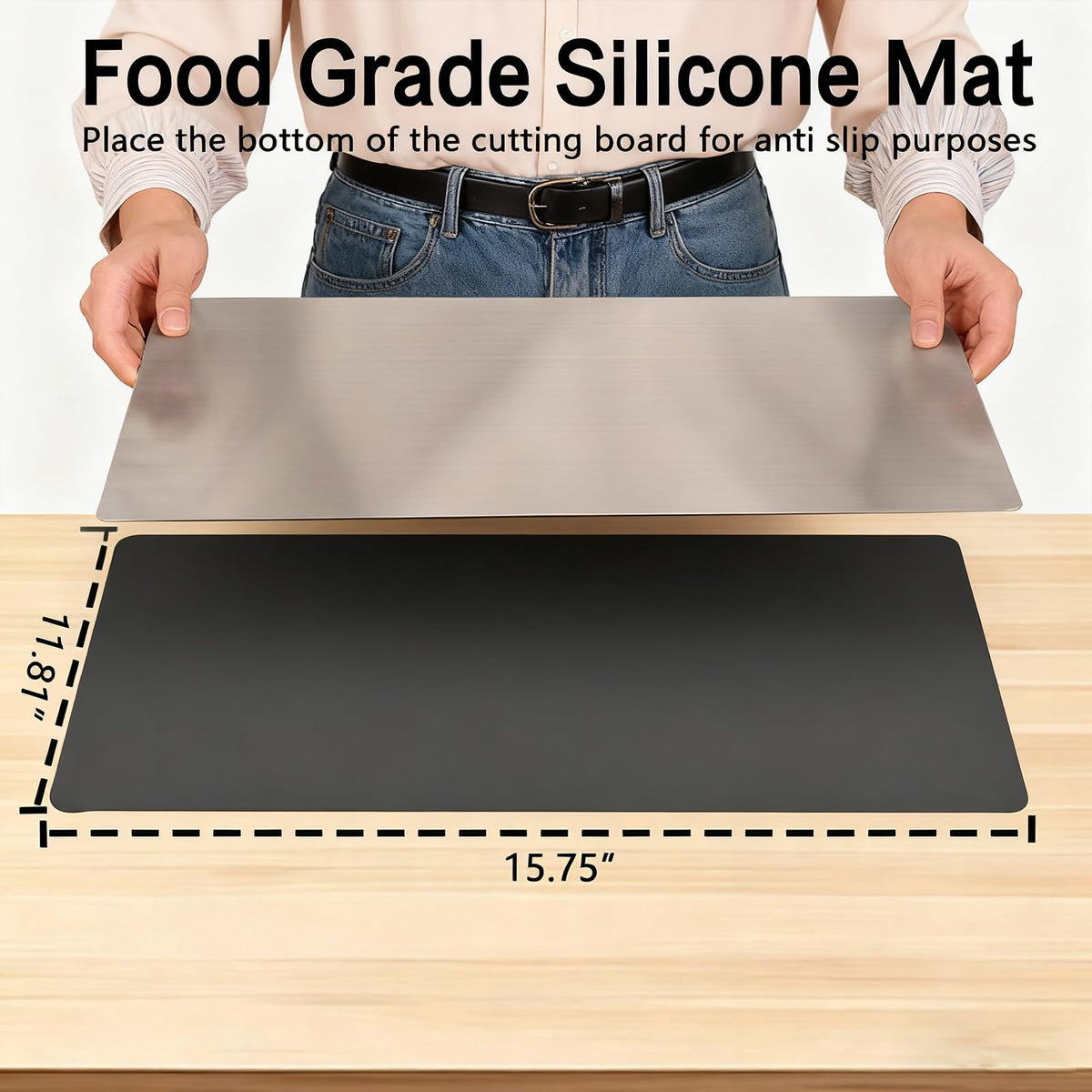 Stainless Steel Cutting Board with Counter Lip & Non-Slip Mat, 15.7" × 11.8"