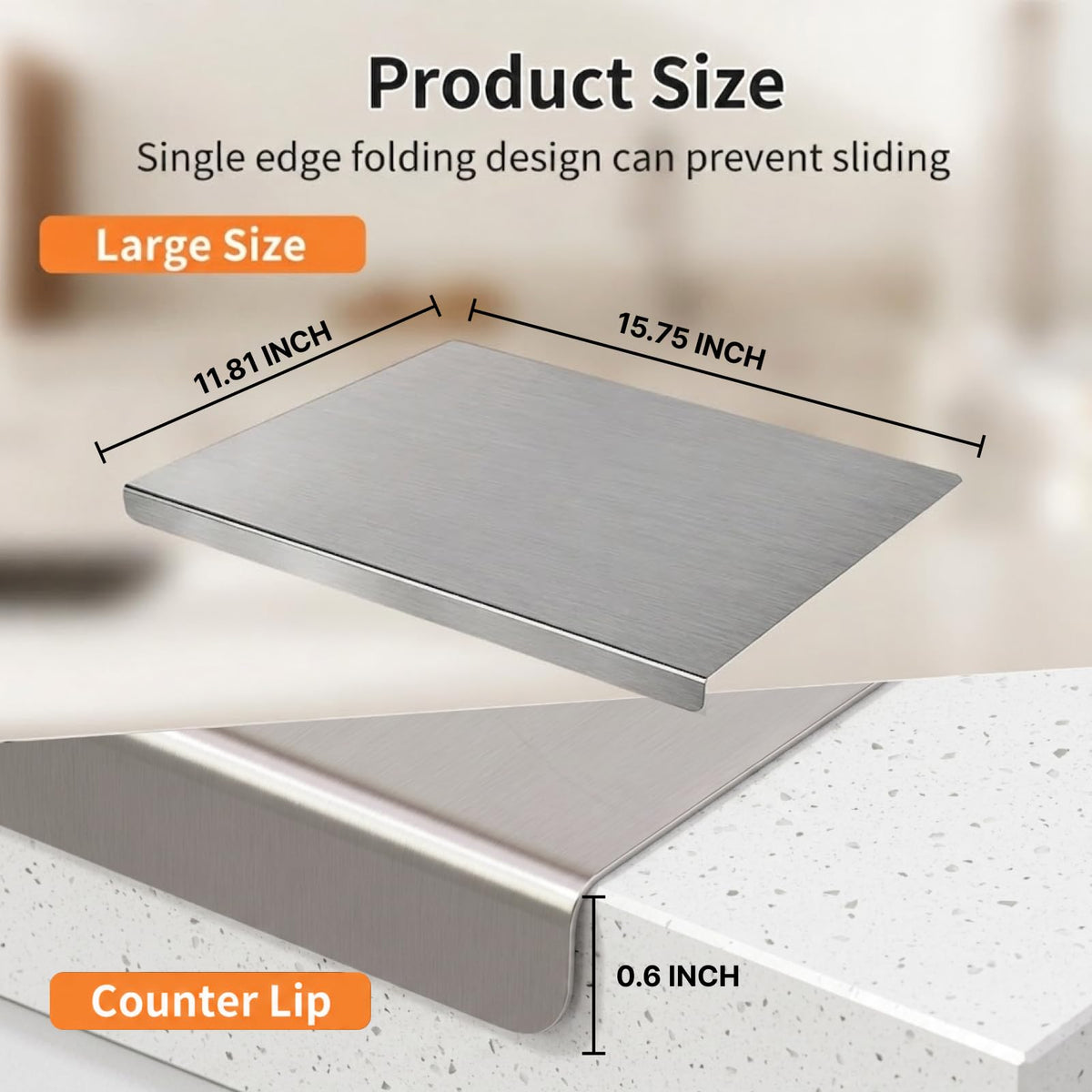 Stainless Steel Cutting Board with Counter Lip & Non-Slip Mat, 15.7" × 11.8"