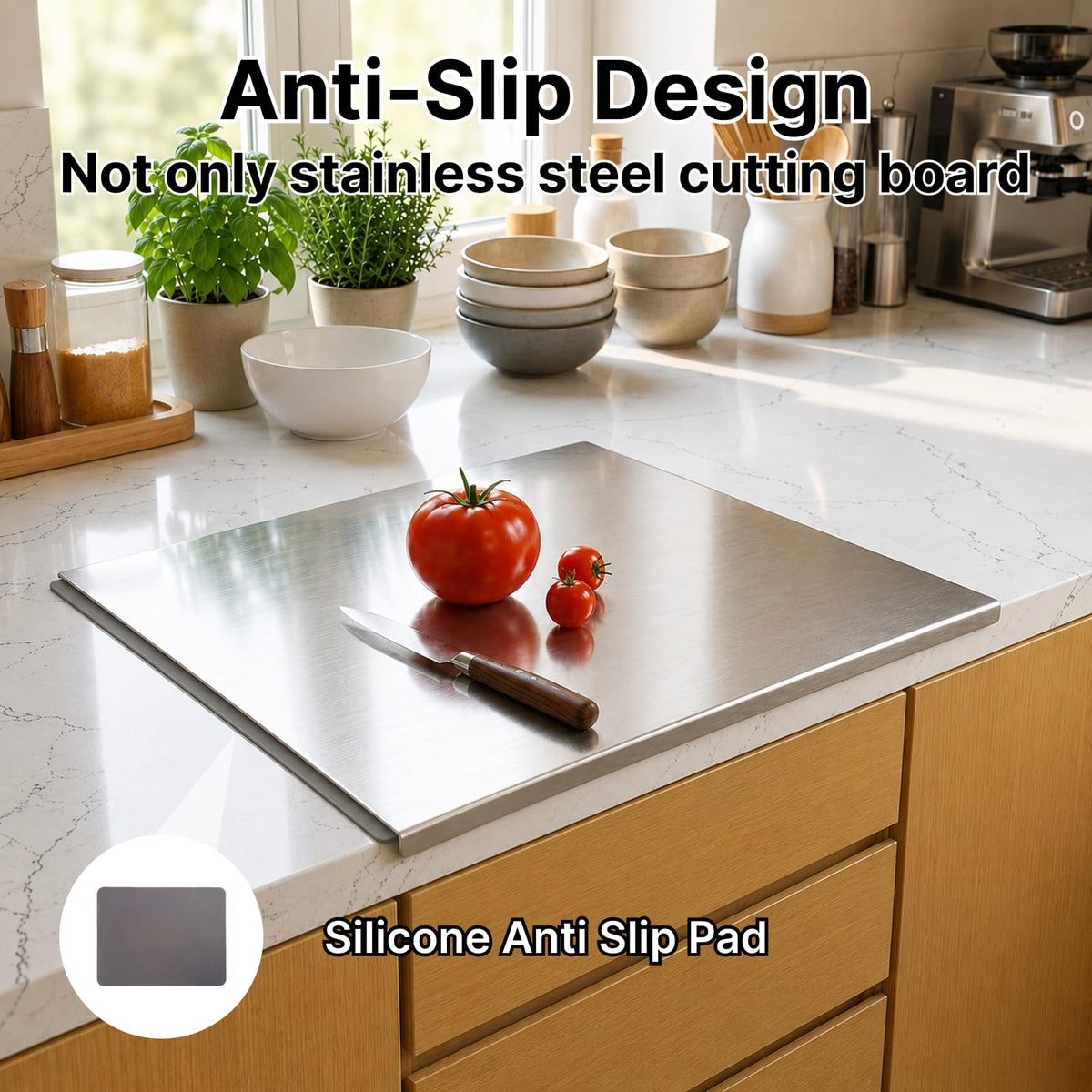 Stainless Steel Cutting Board with Counter Lip & Non-Slip Mat, 15.7" × 11.8"