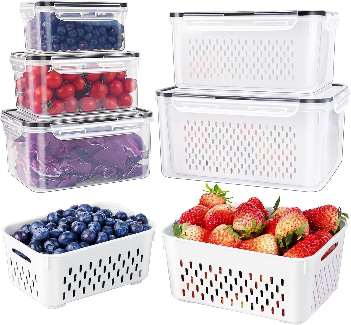 5-Pack Stackable Refrigerator Storage Containers with Removable Colanders, BPA-Free Food Organizers
