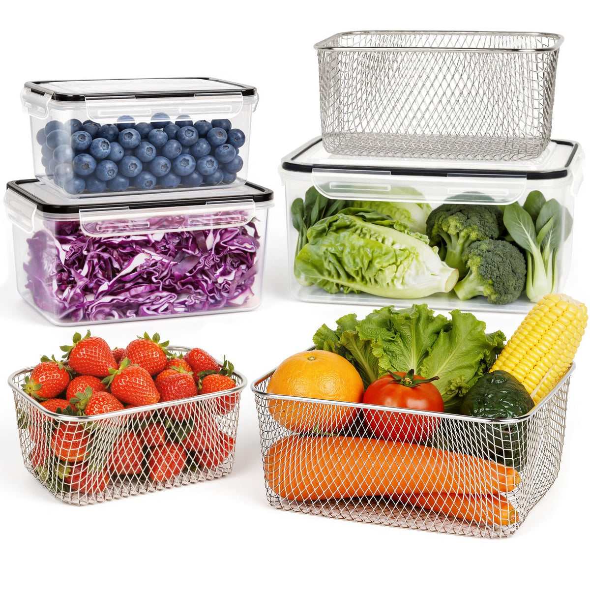 5-Pack Stackable Refrigerator Storage Containers with Removable Colanders, BPA-Free Food Organizers