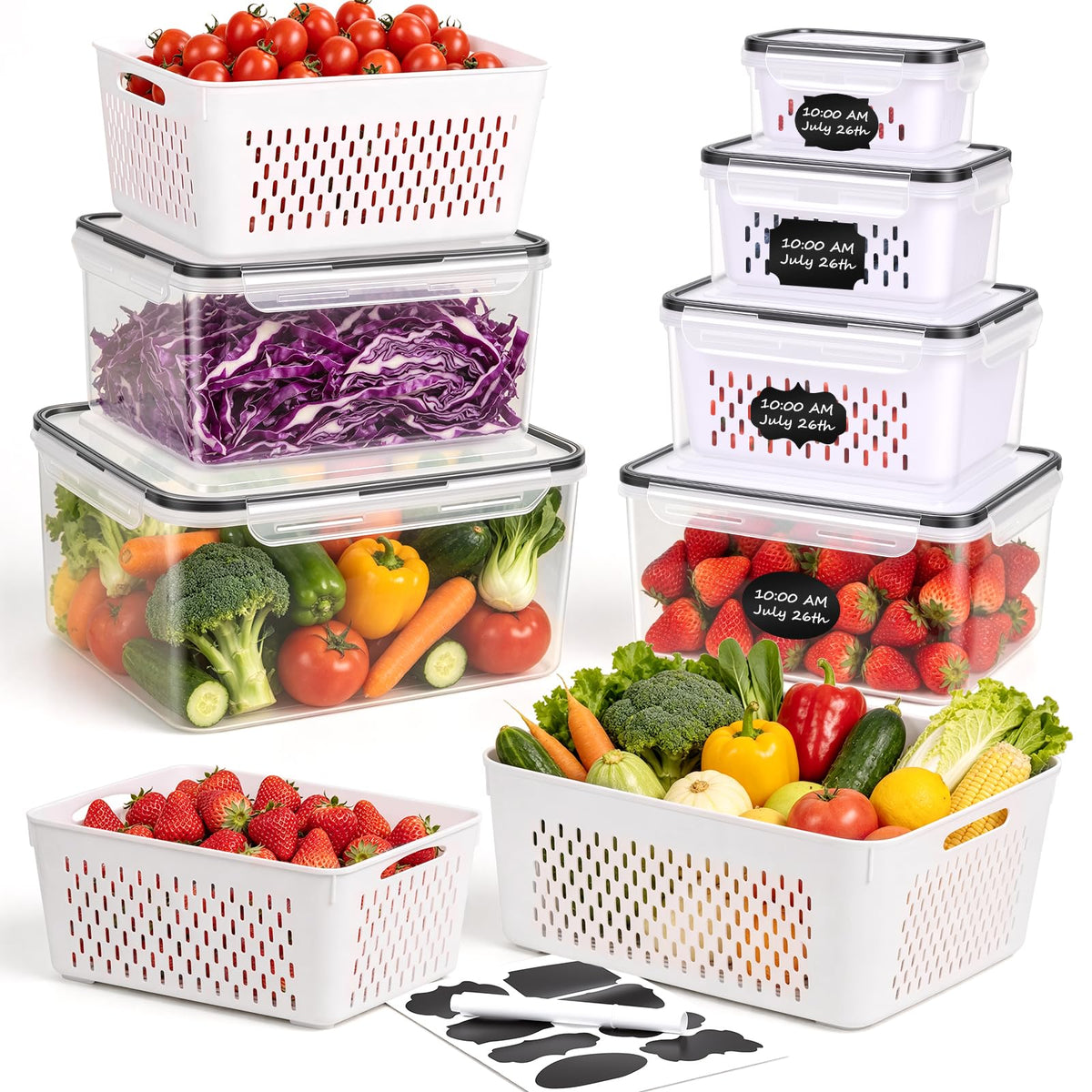 5-Pack Stackable Refrigerator Storage Containers with Removable Colanders, BPA-Free Food Organizers