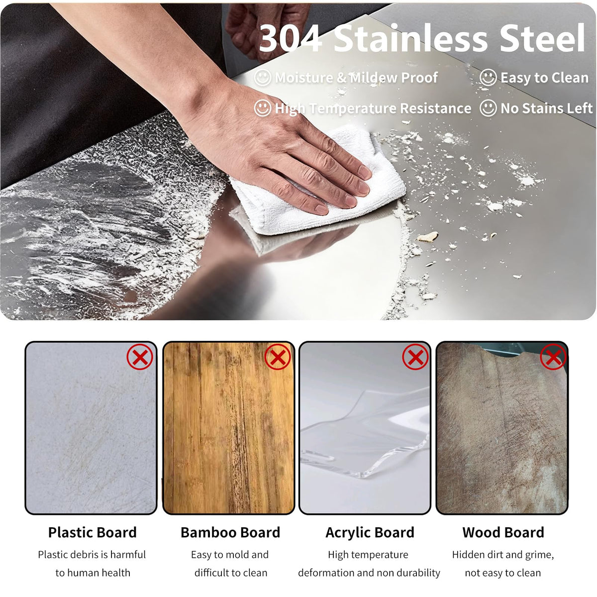 Stainless Steel Cutting Board with Counter Lip & Non-Slip Mat, 15.7" × 11.8"